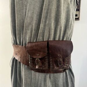 Unisex Brown distressed Leather Belt/ crossbody Bagwith Dual Pockets